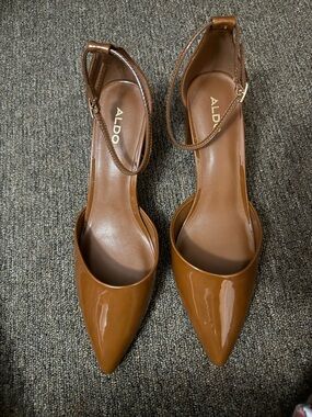 ALDO Brown Patent Pointed-Toe Ankle-Strap Heels